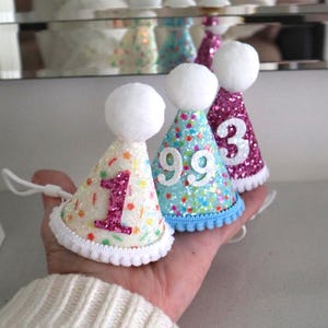 May include: Three small cone-shaped party hats featuring glittery surfaces and white pom-poms on top. The first hat is white with a pink glittery number 1, the second is light blue with white number 99, and the third is purple with a white number 3.