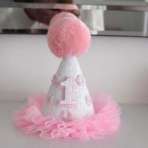 Princess 1st Birthday Hat, White Glitter Fabric, Pink Tulle