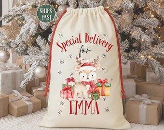 May include: Cream-colored Christmas gift bag with red drawstring and accents. The bag features a cartoon reindeer wearing a Santa hat and scarf, surrounded by wrapped gifts. Text reads "Special Delivery for EMMA."