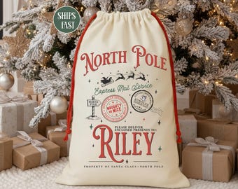 North Pole Christmas Bag, Kids Christmas Santa Sack, Personalized Stocking, Custom Canvas Gift Bag, Name Gift Bag Presents Christmas