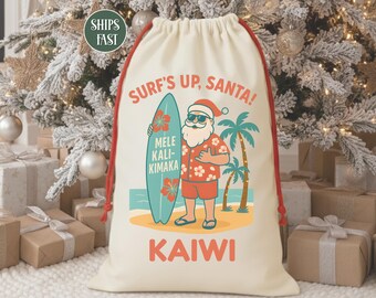 Personalized Christmas Sack Surf Christmas Bag, Gift Sack Tropical Christmas, Santa Sack for Kids, Custom Canvas Gift Bag with Name for Kids