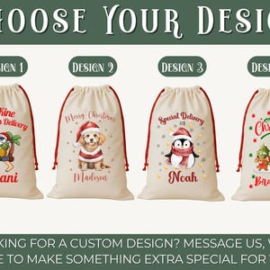 May include: Four cream-colored drawstring Christmas gift bags with red drawstrings. Each bag features a unique design: a Santa with sunglasses, a puppy in a Santa suit, a penguin in a scarf, and Santa with a reindeer. The bags have names printed on them.