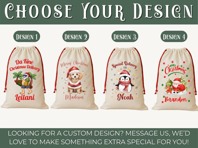 May include: Four cream-colored drawstring Christmas gift bags with red drawstrings. Each bag features a unique design: a Santa with sunglasses, a puppy in a Santa suit, a penguin in a scarf, and Santa with a reindeer. The bags have names printed on them.