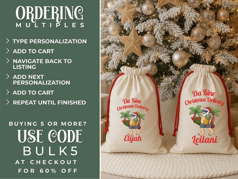 May include: Two off-white drawstring Christmas gift bags with red drawstrings. Each bag features a colorful graphic of Santa Claus with a surfboard and the text "Da Kine Christmas Delivery". One bag is personalized with the name "Elijah", the other with "Leilani".