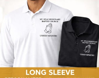 Custom Church Polo Shirt, Long Sleeve Church Shirt, Usher Ministry Polo, Personalized Church Name Shirt, Christian Apparel, Black White Polo