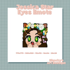 Könnte beinhalten: Eine digitale Illustration einer Comicfigur mit braunen Haaren, grünen Augen und einem überraschten Ausdruck. Die Figur trägt eine weiße Blumenkrone und hat Katzenohren. Der Text "Jessica Star Eyes Emote" befindet sich über der Figur.