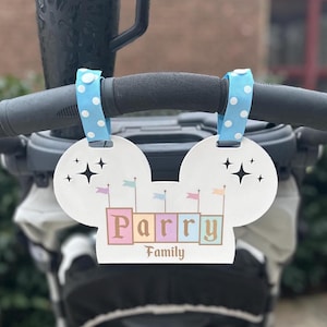 Personalized Family Name Stroller Tag, Amusement Theme Park Sign for Strollers, Inspired Princess Superhero Themed Tags for Baby Carrier