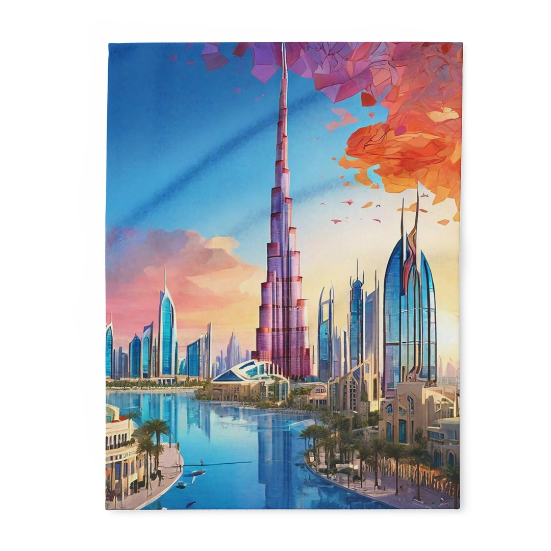 Dubai Mosaic Fleece Blanket Cozy Colorful Skyline Throw, Warm Dubai