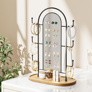 Jewelry Display Earring Stand Gold Organizer Earring StorageTree Jewelry Rack Towers with 6 Hooks 300 Stud Holes Wood Tray for Bracelet Ring