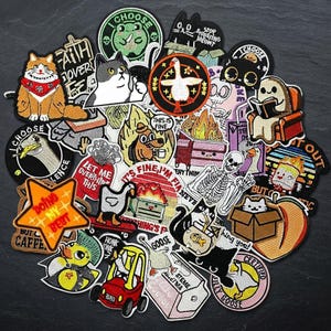 May include: A collection of embroidered patches featuring various designs including cats, geese, skeletons, and humorous text. The patches display vibrant colors and diverse shapes, such as stars, circles, and custom outlines, showcasing detailed stitching.