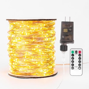 May include: A spool of warm white LED string lights. The lights are wrapped around a wooden spool. A power adapter and remote control are also visible. The remote has buttons for on/off, timer, and brightness.