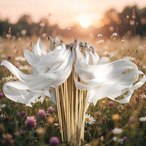 May include: A bundle of wedding ribbon wands featuring long, flowing white satin ribbons attached to slender wooden dowels. Each wand is topped with a small, polished silver bell that creates a metallic accent against the white fabric.