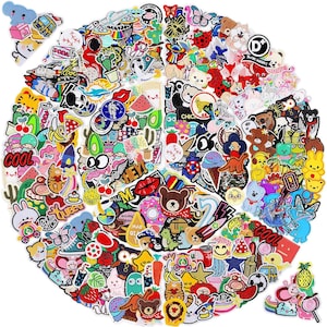 May include: A collection of colorful, assorted iron-on patches. The patches feature various designs, including cartoon characters, food items, and text. The patches are in various shapes and sizes, with a white border.