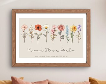 Grandmas Garden Birth Month Flower Wall Art Printable Gift For Grandma, Mothers Day Gift, Digital Print, Personalized Birth Flower Garden