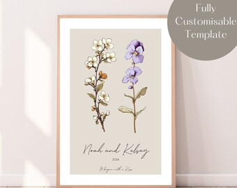 Birth Month Flower Couples Wall Art Print, Personalised Valentines Gift, Custom Engagement Birth Flowers, Printable Wedding Anniversary Gift
