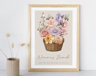 Nannas Bunch Birth Month Flower Wall Art Printable Gift For Grandma, Mothers Day Digital Print, Personalized Birth Flower Grandmas Garden