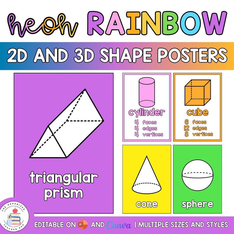 Op de afbeelding: Een set kleurrijke educatieve posters met 2D- en 3D-vormen. De posters bevatten een driehoekig prisma, cilinder, kubus, kegel en bol, met labels en details. Het woord "RAINBOW" staat bovenaan. De posters zijn bewerkbaar en verkrijgbaar in meerdere maten.