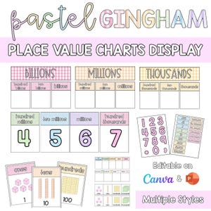 May include: Educational place value charts in a pastel gingham design. The image features charts for billions, millions, and thousands, along with number cards. Text includes "Editable on Canva & P" and "Multiple Styles". The overall theme is educational resources.