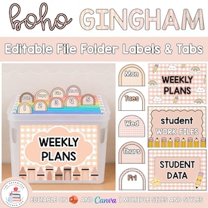 Editable Hanging File Folder Tabs & Labels | Student Data and Planning | Assessment Box Labels | Teacher Organisation | Neutral Boho Gingham