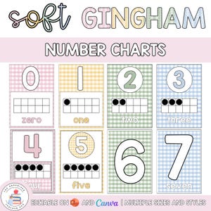 May include: A set of educational number charts featuring a soft gingham pattern in pastel colors. Each card displays a numeral, its written word, and a ten-frame with black dots representing the value from zero to seven. Text includes "soft GINGHAM NUMBER CHARTS" and "EDITABLE ON P AND Canva | MULTIPLE SIZES AND STYLES".