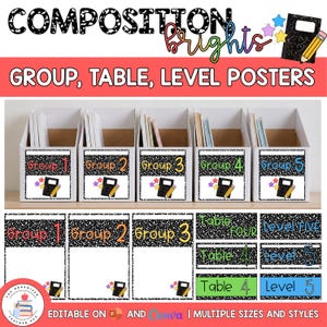 Könnte beinhalten: Ein Set aus Organisationspostern und Etiketten für das Klassenzimmer mit einem schwarz-weißen Kompositionsheft-Muster. Der Text umfasst Group 1 bis 5, Table 4 und Level 5. Das Design enthält bunte Sterne und eine gelbe Bleistiftgrafik.