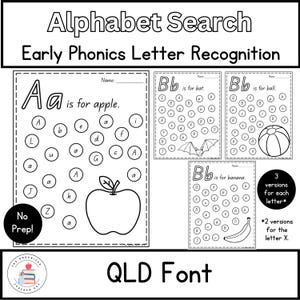 Búsqueda, búsqueda y color de letras del alfabeto de QLD (fuente, número de página) - Reconocimiento de mayúsculas y minúsculas / Fonética para jardín de infantes / Hojas de trabajo sin preparación