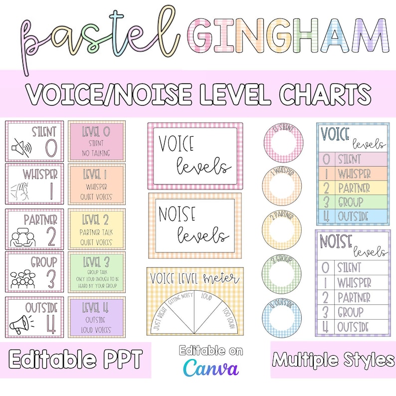 May include: A set of pastel gingham voice and noise level charts featuring text labels for levels 0 through 4, including silent, whisper, partner, group, and outside. The collection includes rectangular and circular signs with editable text options.