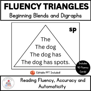 Könnte beinhalten: Schwarz-weiß-Illustration eines Dreiecks mit den Wörtern "The", "The dog", "The dog has" und "The dog has spots." im Inneren. Das Wort "sp" steht in der oberen rechten Ecke des Bildes. Der Text "Editable PPT Included!" befindet sich am unteren Rand des Bildes. Der Text "Includes 90 Fluency Cards!" befindet sich in einem Kreis in der unteren rechten Ecke des Bildes. Der Text "Reading Fluency, Accuracy and Automaticity" befindet sich am unteren Rand des Bildes.