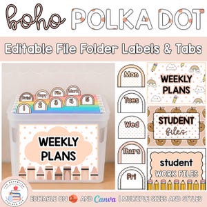 Editable Hanging File Folder Tabs & Labels | Student Data and Planning | Assessment Box | Teacher Organisation | Neutral Boho Polka Dot