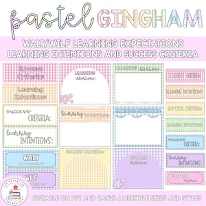 May include: Pastel Gingham learning expectations template with text boxes for learning intentions and success criteria. The design features a pastel color palette with gingham patterns and floral accents. Editable on PPT and Canva.