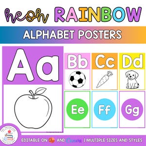 May include: Colorful alphabet posters with the word "RAINBOW" at the top. Each poster features a letter of the alphabet, along with a corresponding image, such as an apple, soccer ball, carrot, and puppy. The posters are designed for educational use.
