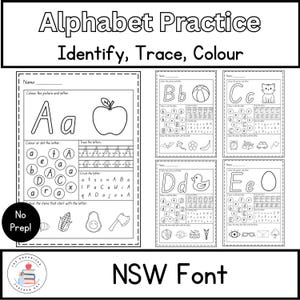 Hojas de práctica del alfabeto de fuentes de NSW / Reconocimiento de letras / Identificar, trazar, colorear / Conciencia fonológica y fonémica / Fonética temprana