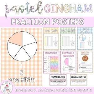 Redigerbara bråkposters i pastellfärgat ginghammönster | Visuellt stöd för matematik | Klassrumsdekor