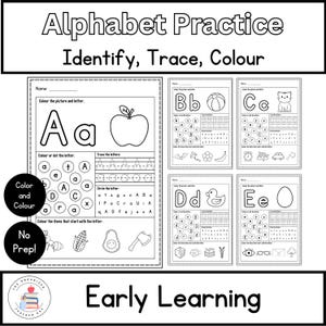 Hojas de práctica del alfabeto / Reconocimiento de letras / Identificar, trazar, colorear / Conciencia fonológica y fonémica / Fonética para la primera infancia