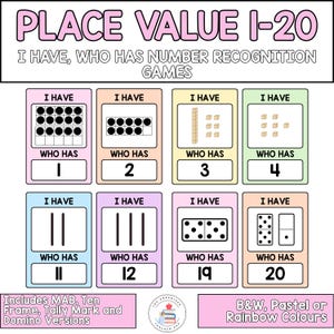 Op de afbeelding: Educatieve spelkaarten met de tekst "PLACE VALUE 1-20" en "I HAVE, WHO HAS NUMBER RECOGNITION GAMES." De kaarten bevatten getalherkenningsactiviteiten met behulp van tienframes, telstreepjes en domino's. Inclusief Z/W, pastel of regenboogkleuren.