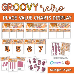 Peut inclure: Un affichage éducatif rétro avec des tableaux de valeur de position pour les milliards, les millions et les milliers. Comprend des cartes de nombres, des blocs de base dix et des modèles modifiables. La palette de couleurs est orange, pêche et blanche.