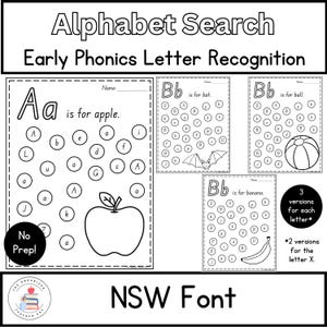 Búsqueda, búsqueda y color de letras del alfabeto de NSW (fuente, número de serie) - Reconocimiento de mayúsculas y minúsculas / Fonética para jardín de infantes / Hojas de trabajo sin preparación