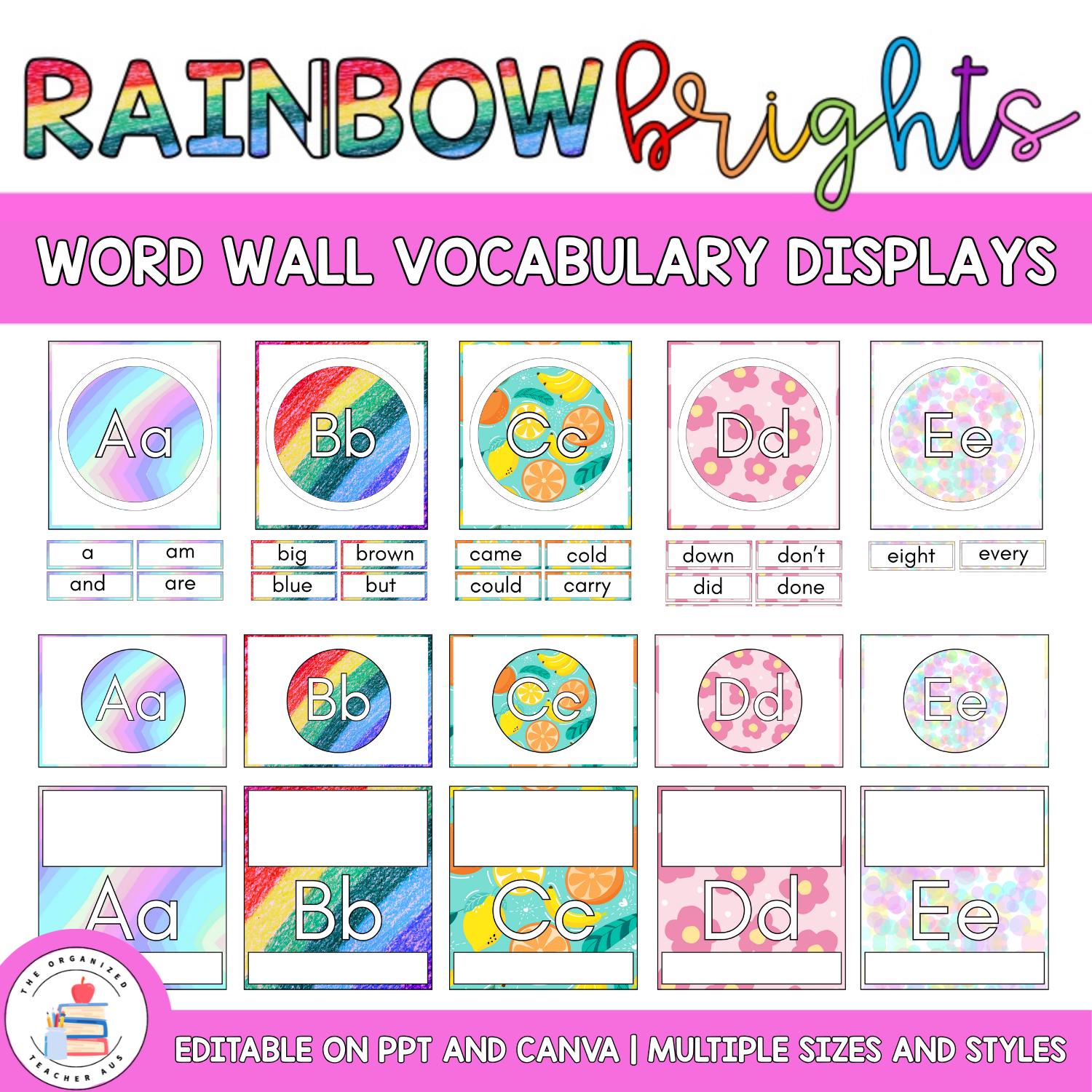Editable Word Wall and Cards Display | Rainbow Brights Themed Pack ...