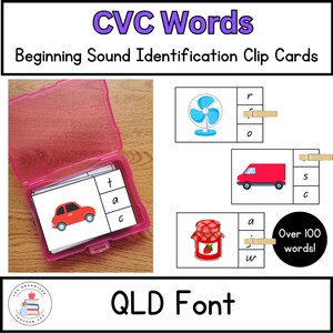 Fuente QLD / Tarjetas con recortes de CVC y palabras comunes / Identificación de sonidos iniciales / Reconocimiento de sonidos de letras / Fonética temprana y conciencia fonémica