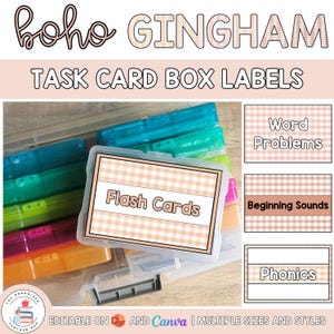 May include: A set of rectangular plastic storage cases in various colors including blue, green, pink, and orange. The labels feature a light peach gingham pattern with text including Flash Cards, Word Problems, Beginning Sounds, and Phonics.
