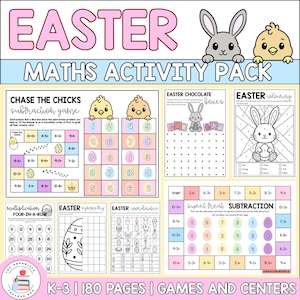 Può includere: Un pacchetto di attività di matematica a tema Pasqua per studenti di K-3. Il pacchetto include giochi di matematica, come esercizi di sottrazione, moltiplicazione e simmetria. La copertina presenta la parola "EASTER" in rosa, insieme a illustrazioni di coniglietti e pulcini.