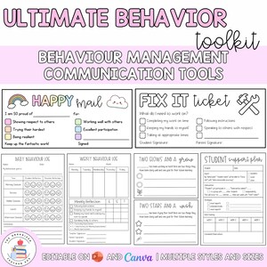 May include: A pink and white printable behavior toolkit with the text "ULTIMATE BEHAVIOR toolkit" and "BEHAVIOUR MANAGEMENT COMMUNICATION TOOLS". The toolkit includes forms for happy mail, fix it tickets, and daily and weekly behavior logs.