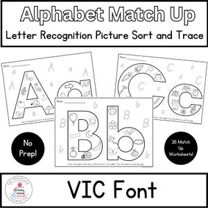 Fuente VIC / Reconocimiento de letras del alfabeto / Sonidos iniciales de letras - Hojas de trabajo para unir imágenes y trazar