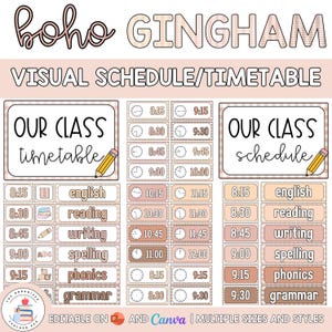 Puede incluir: Un conjunto de horario y calendario visual con un tema de cuadros vichy boho en tonos beige y marrón. El diseño incluye los encabezados "BOHO GINGHAM VISUAL SCHEDULE/TIMETABLE", "OUR CLASS timetable" y "OUR CLASS schedule" con iconos de lápices.