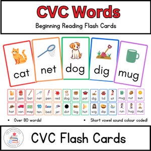 May include: Colorful flash cards with pictures and CVC words like "cat", "net", "dog", "dig", and "mug". The cards are color-coded to indicate the short vowel sound. The text "Over 80 words!" and "Short vowel sound color coded!" are also included.