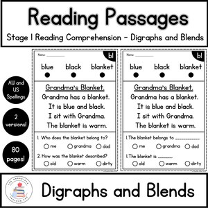 May include: Educational worksheet titled "Reading Passages" with "Digraphs and Blends" content. Features reading comprehension exercises about "Grandma's Blanket." Includes multiple-choice questions and fill-in-the-blank sections. Contains "AU and US Spellings" and "80 pages!"