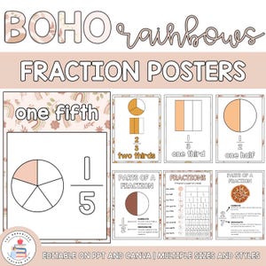 Può includere: Poster didattici sulle frazioni con un tema arcobaleno boho. I poster mostrano visivamente le frazioni, tra cui un quinto, due terzi, un terzo e un mezzo. Il testo "FRACTION POSTERS" è in alto.