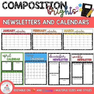 Könnte beinhalten: Ein digitales Vorlagenset mit dem Titel COMPOSITION brights NEWSLETTERS AND CALENDARS mit schwarz-weiß gesprenkelten Rändern. Enthält Monatskalender von Januar bis Mai, Dezember sowie Layouts für wöchentliche Newsletter mit leeren Feldern.