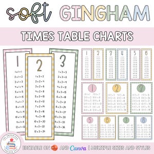 May include: A set of educational times table charts featuring soft gingham patterns in pastel colors. The charts display multiplication equations from 1 to 12, with large numbers at the top. Text includes "soft GINGHAM TIMES TABLE CHARTS".