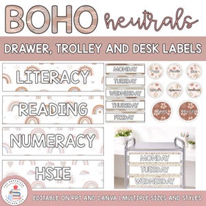 Puede incluir: Etiquetas de cajones, carros y escritorios con temática Boho con las palabras "Literacy", "Reading", "Numeracy" y "HSIE". Las etiquetas presentan una paleta de colores neutros con arcoíris y otros elementos decorativos. Las etiquetas adicionales incluyen los días de la semana y etiquetas de papelería.
